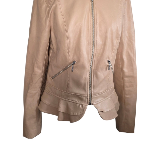 Guess Los Angeles Faux Leather Moto Jacket Womens M Tan Ruffle Hem Zip Front - Picture 2 of 11